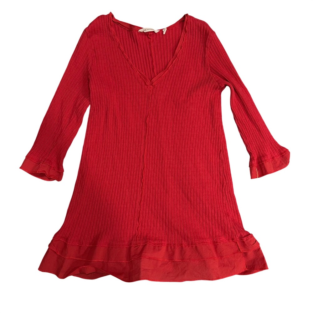 Soft Surroundings Red Ribbed V-Neck Tunic Top Ruffle Hem 3/4 Sleeve Small